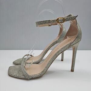 Stuart Weitzman Nudistcurve 100 Sandal Women 8 Platino Glitter Mesh Strappy Heel